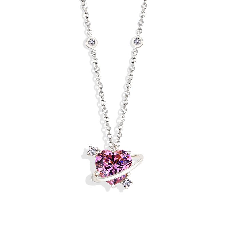 Ocean Heart LOVE Pink Zircon Necklace: 18K Gold-Clad 925 Silver