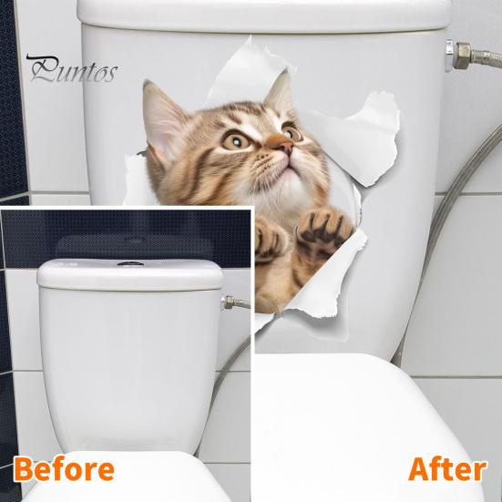 3D Pass Through Cat Toilet Sticker Removable Self-adhesive Waterproof PVC Living Room Bathroom Wall Art Broken Hole Kitten Toilet Lid Decoration Decal