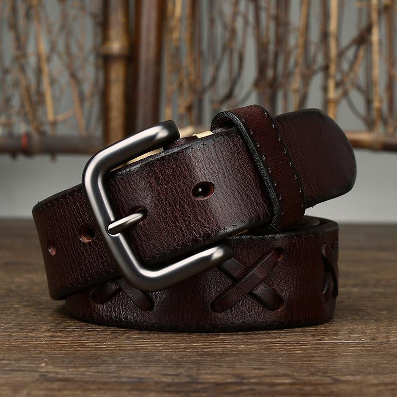 New Retro Fashion Personality Trend Versatile Woven First Layer Cowhide Pin Buckle Belt Men'S Genuine Leather Jeans Belt
