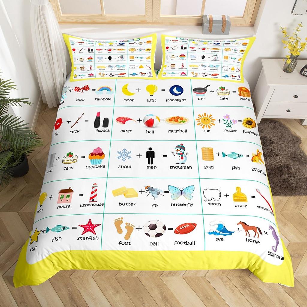 Outer Space Planet Galaxy Duvet Cover Twin King Kids Cartoon Bedding Set ABC Alphabet Learning Comforter Cover with 2 Pillowcase