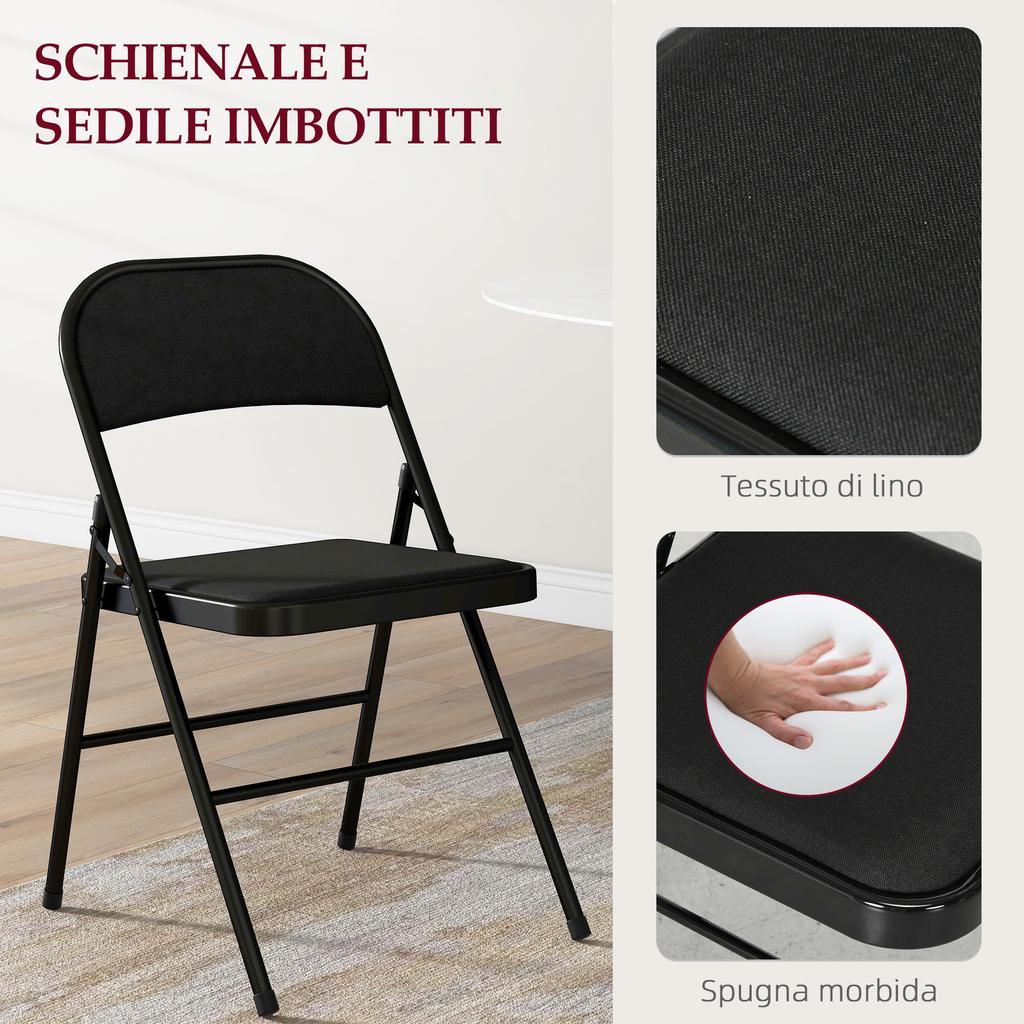 Set of 6 Folding Chairs with Padded Seat in Polyester and Steel Structure, Black