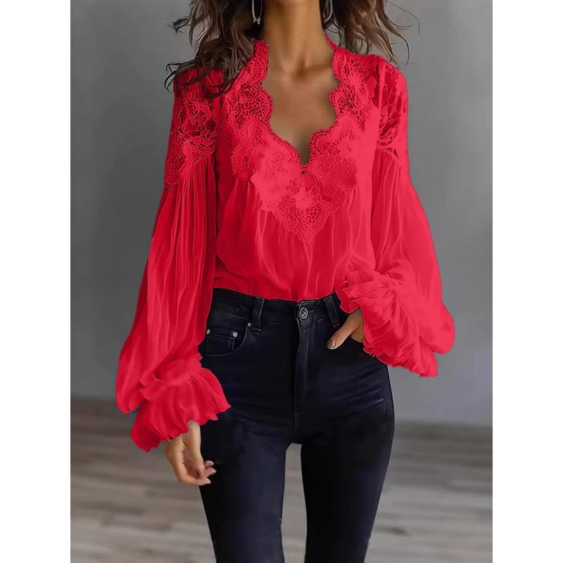 QICED Women's Fashion Casual Solid Color Print Long Sleeve V Neck Blouses & Shirts