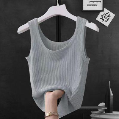 Women Bottoming Vest O-neck Sleeveless Loose Fit Tank Top Solid Color Ribbed Ice Silk
