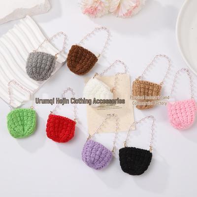 Cute Handmade Pearl Knit Yarn Handbag with Cotton Doll Plush Toy Decor