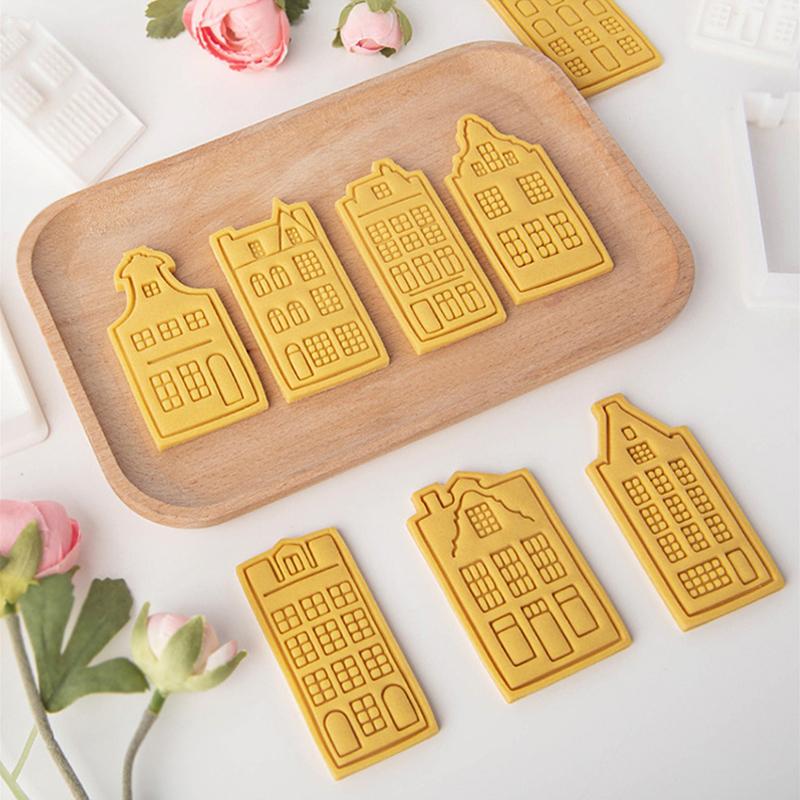 European Retro Architecture Cookie Cutters Amsterdam Buildings Shape DIY Biscuit Stamp Fondant Embosser Cake Decorating Tools