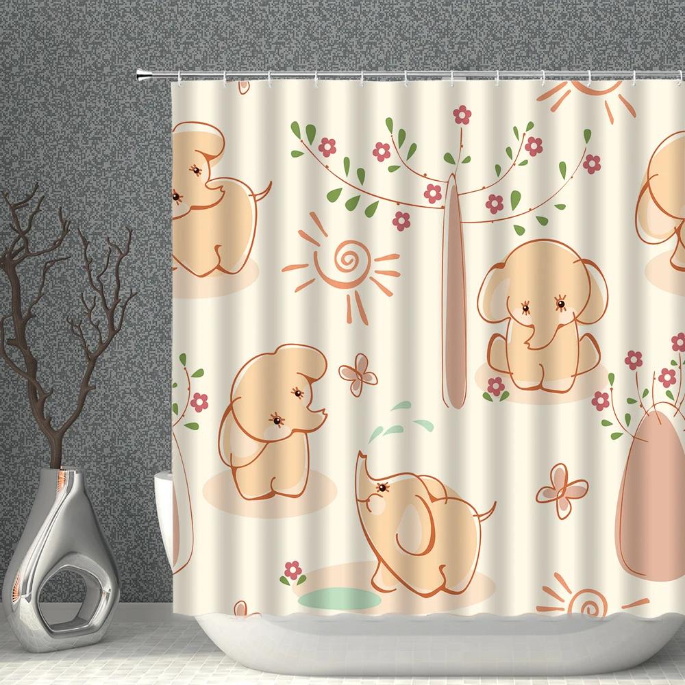 Cartoon Beige Shower Curtain Waterproof Cloth Colour Animal Butterfly White Print Bath Curtains Child Girl Bathroom Screen Set