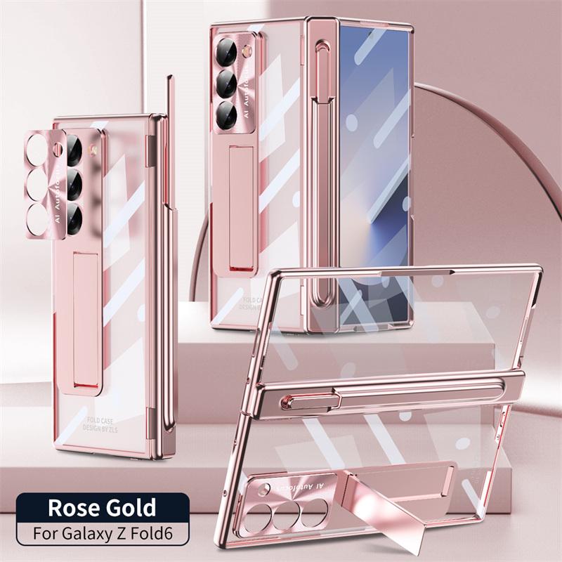 For Samsung Galaxy Z Fold 6 5 4 3 Transparent Plating PC Hinge protection Full Body Stand Pen Slot Case with Tempered Glass