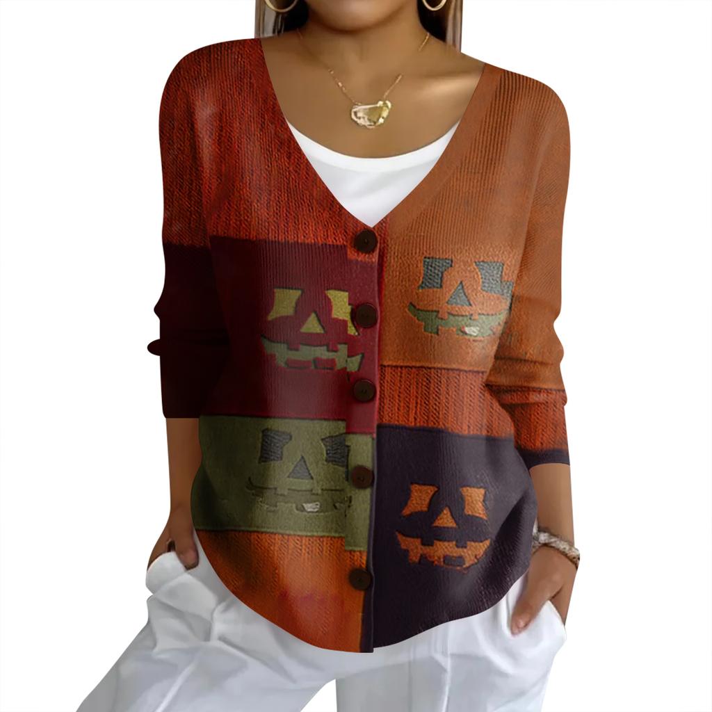 Women's Fashion Casual Knit Sweater Button-Up Halloween Printed  Cardigan Jacket