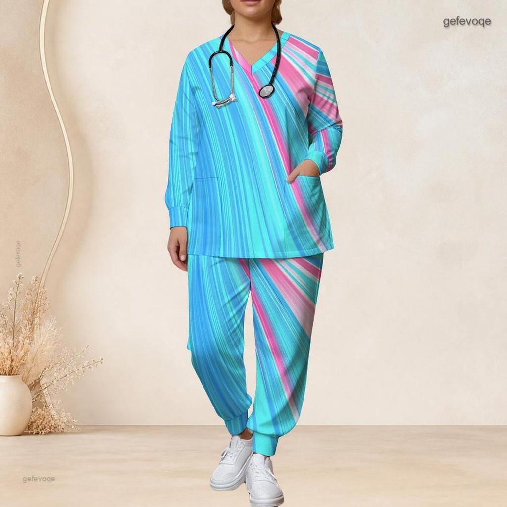 Women Plus Size Star Print Nurse Scrub Set V Neck Long Sleeve Pockets Red Blue White Two Piece