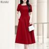 Women Casual Round Neck Solid Color Summer Short Sleeve Dress