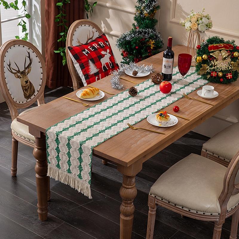 Christmas Table Runner Flag Cotton Woven Desktop Decorations Flags Tablecloths Long Strip Splicing Tassel Christmas Party Decor