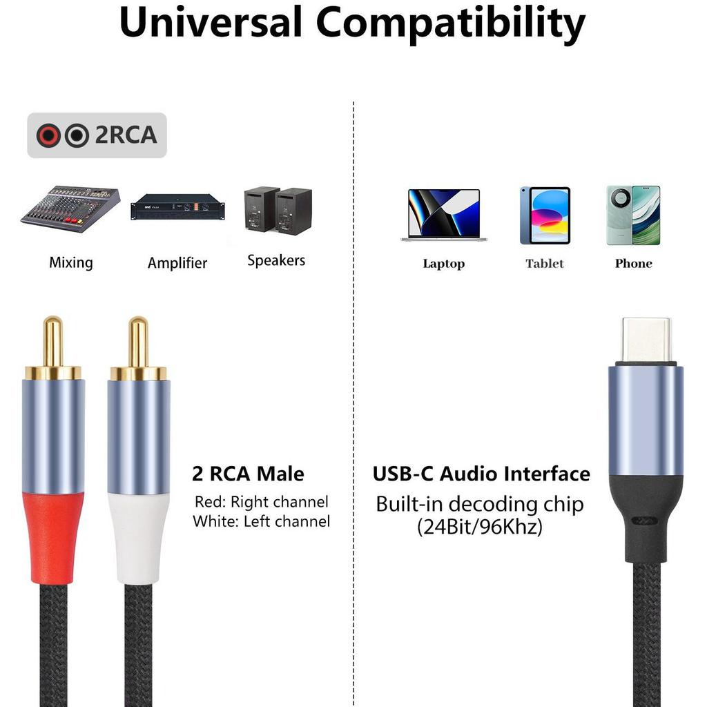 High-Fidelity USB-C To Dual RCA Audio Cable with 24Bit/96Khz Decoding