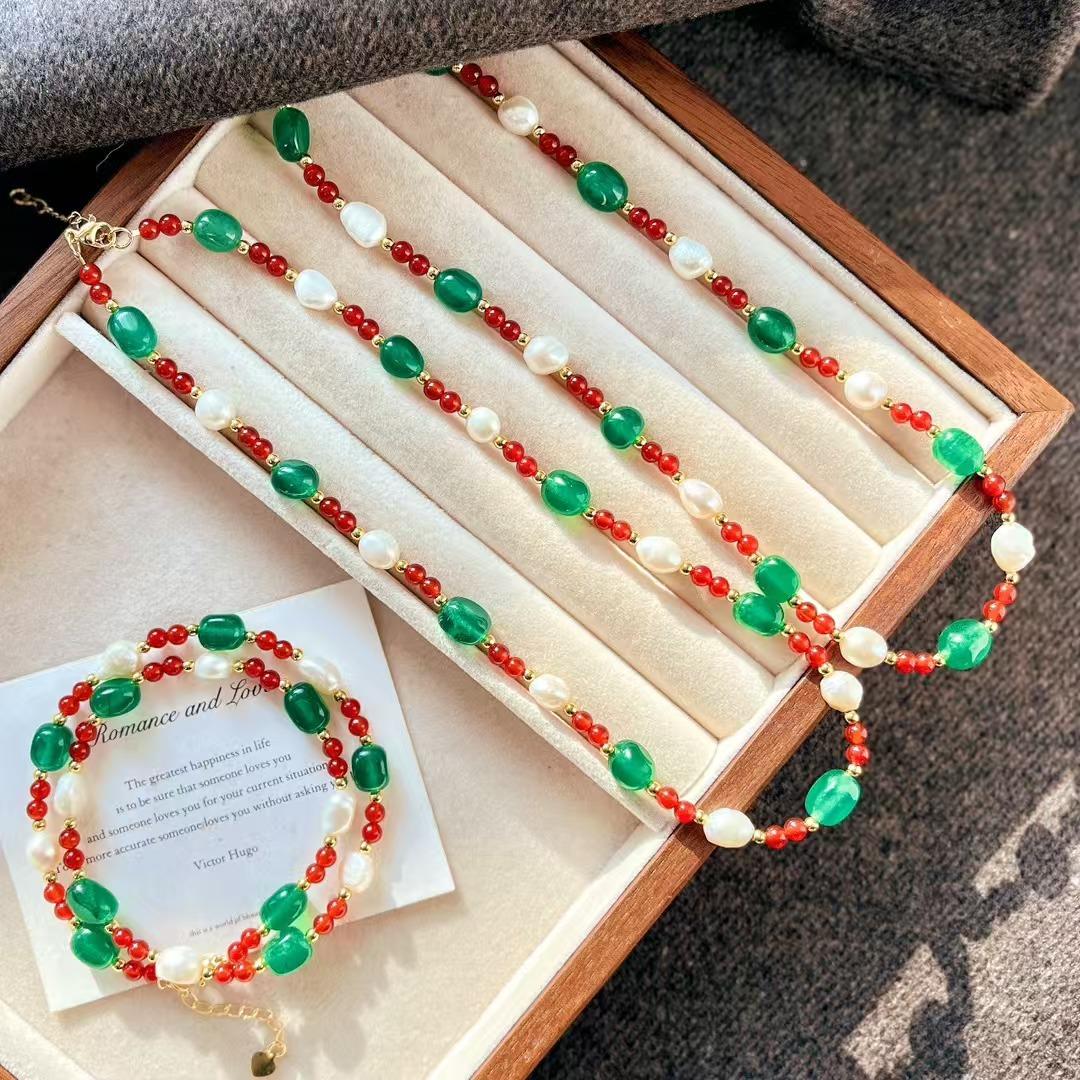 Vintage Natural Chalcedony Baroque Freshwater Pearl Grandmother Green Quartzite Necklace Clavicle Chain