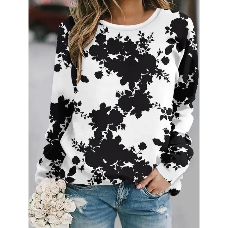Fashion Women's Crew Neck Long Sleeve 3D Casual Color Printing Casual Long Sleeve T-Shirt