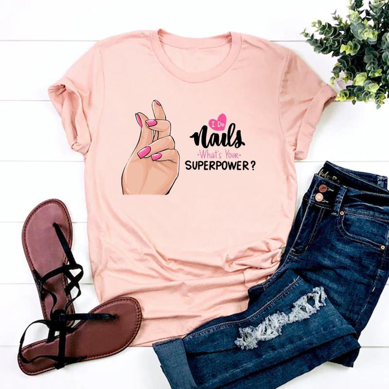 European and American Pink Nail Letter Print Dress Top Women s T-shirt Women Clothes  Oversized T Shirt  Tops 4XL