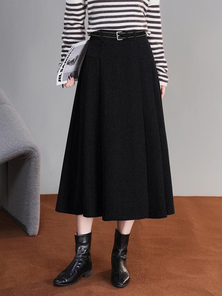 2025 Winter High-Waisted Wool A-line Skirt - Drapey, Slimming, Mid-length, Pleated, Wide-hem Design.