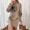 Women's Autumn Solid Color Flower Printed Knitted Sweater Dress Casual Temperament Half Turtleneck Knit Skirt