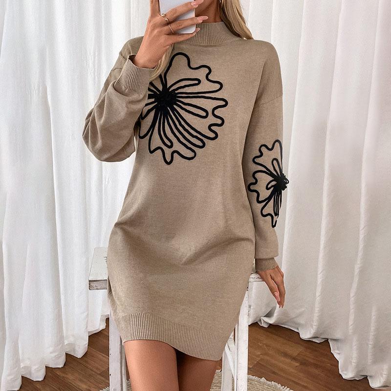 Women's Autumn Solid Color Flower Printed Knitted Sweater Dress Casual Temperament Half Turtleneck Knit Skirt