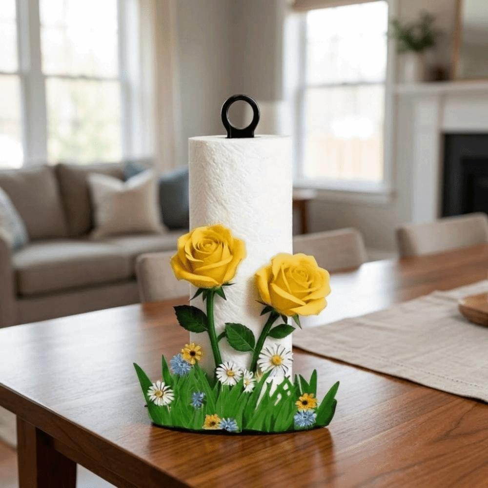 2D Flat Floral Tissue Holder Wooden Base Vertical Napkins Rack Practical Tissue Stand for Kitchen
