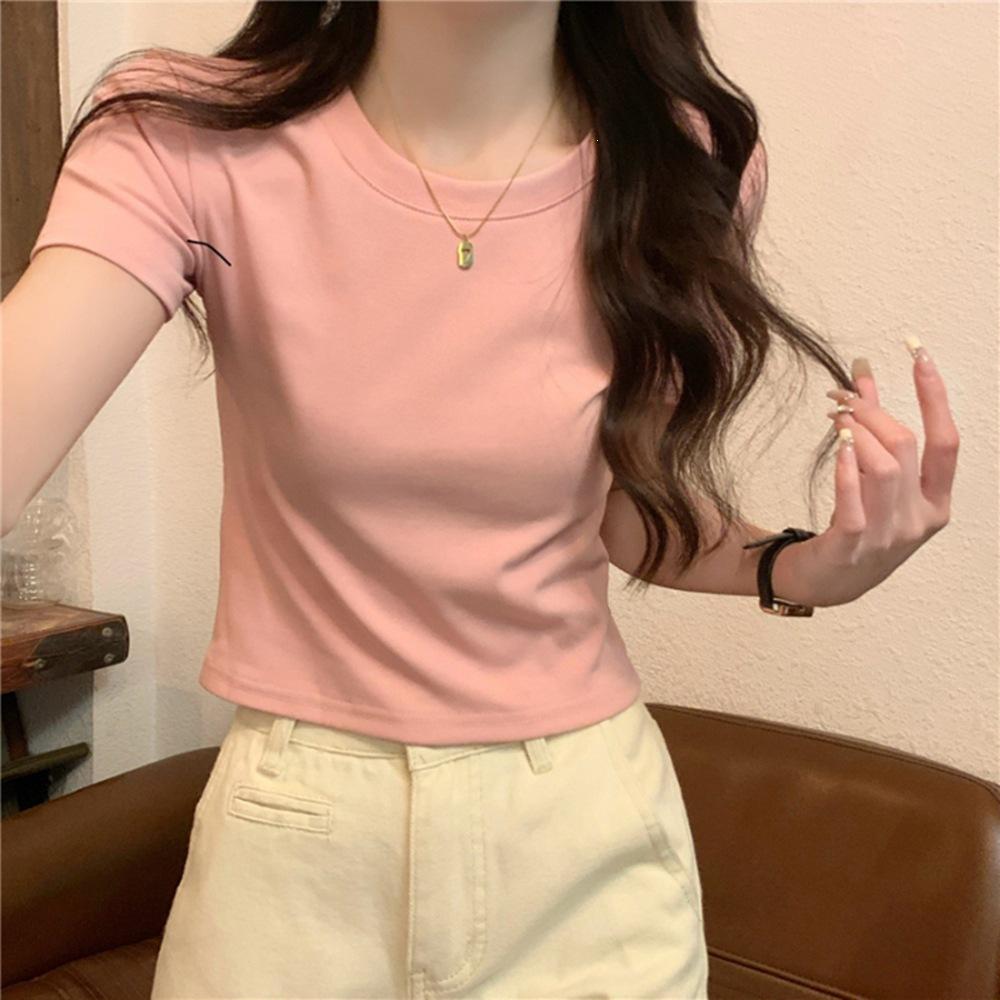U-neck live broadcast quality summer burgundy slim and thin front shoulder short-sleeved T-shirt women