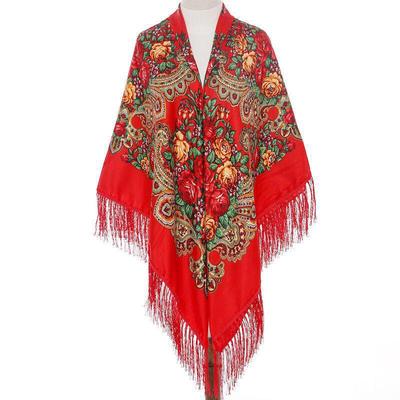 Russian Plus Size Women's Tassel Shawl - Vintage Ethnic Printed Square Scarf