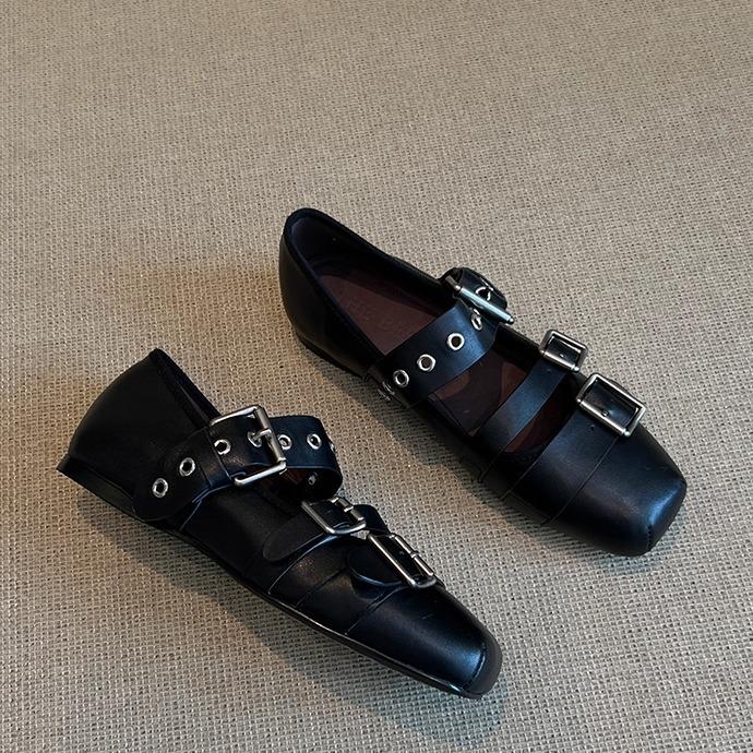 Cowhide Version~ Leather Single Shoes Square Head One-word Buckle Mary Jane Shoes Women's Shallow Jk Shoes Ballet Flats
