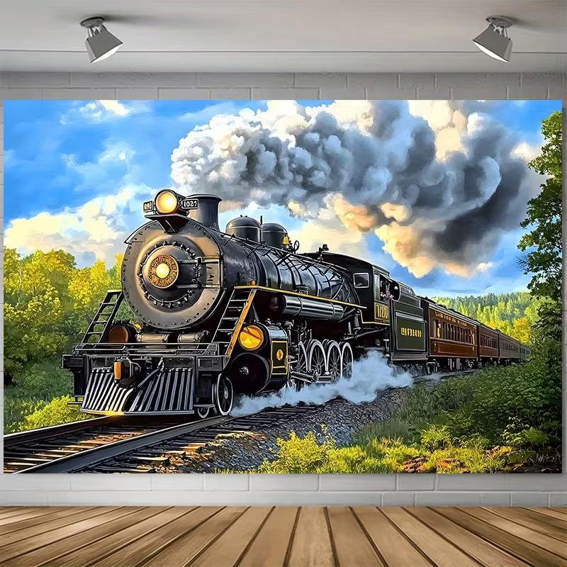 2D Classic Steam Train Backdrop, Outdoor Scenic Photography Background