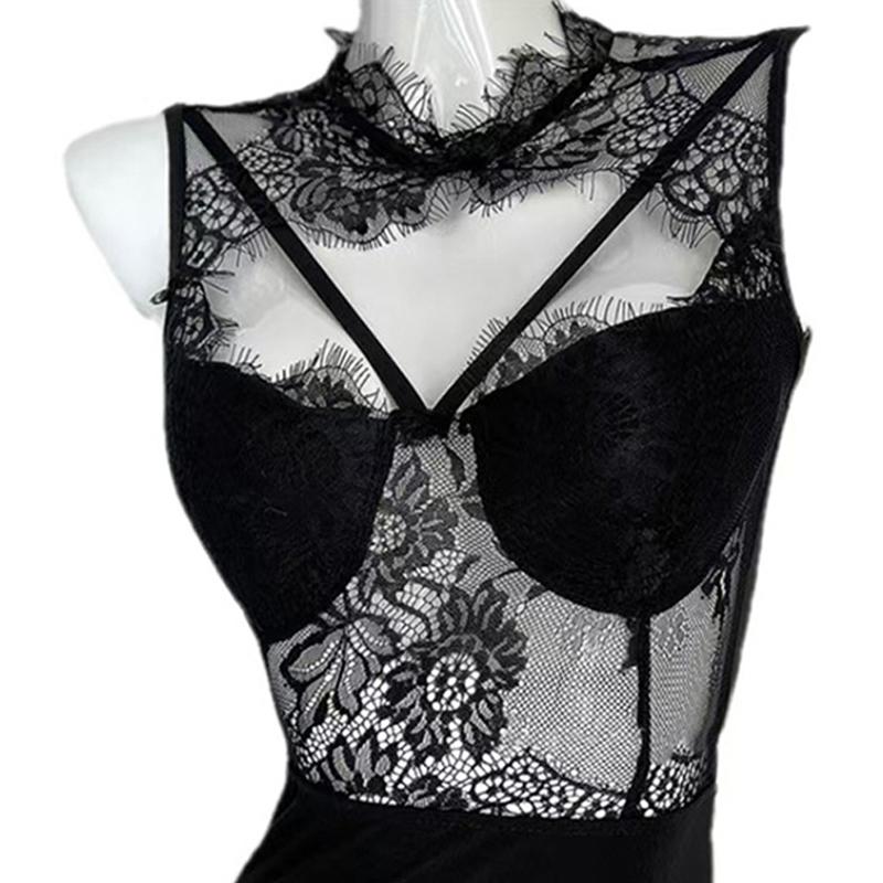 2025 New Sheer Bodycon Skirt Black Sexy Lace-Trimmed Mesh Nightdress Strappy Padded Home Sleep Dress