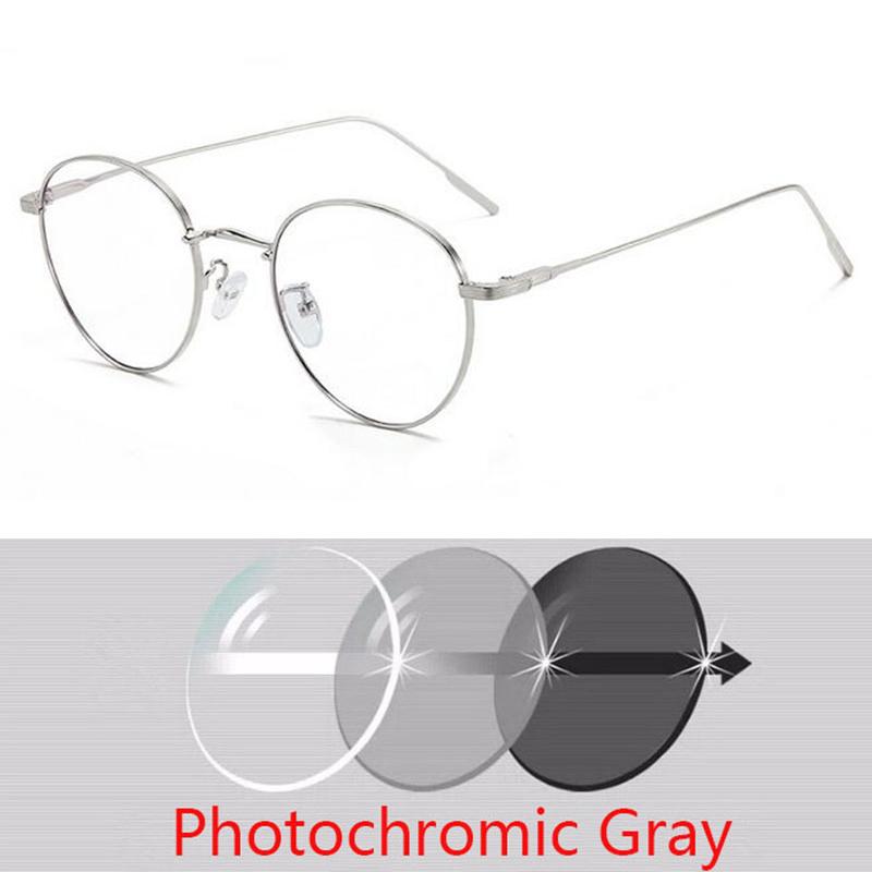Women Round Myopia Photochromic Prescription Spectacles Metal Anti Blue Light Nearsighted Glasses Diopter 0 -0.5 -0.75 To -6.0