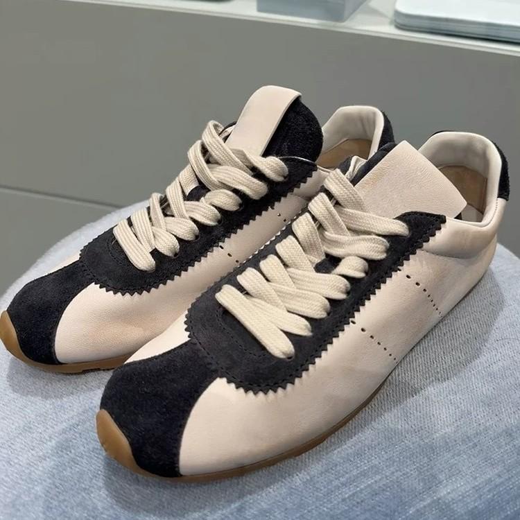 Cowhide Version~ Retro Color Matching Lace-up Round Head Flat Bottom Light Casual Sports Shoes German Training Shoes Women's Versatile Forrest Gump Sh