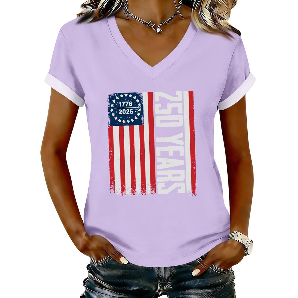 Women's Casual Printed T-Shirt V Neck Pullover Short Sleeve Top