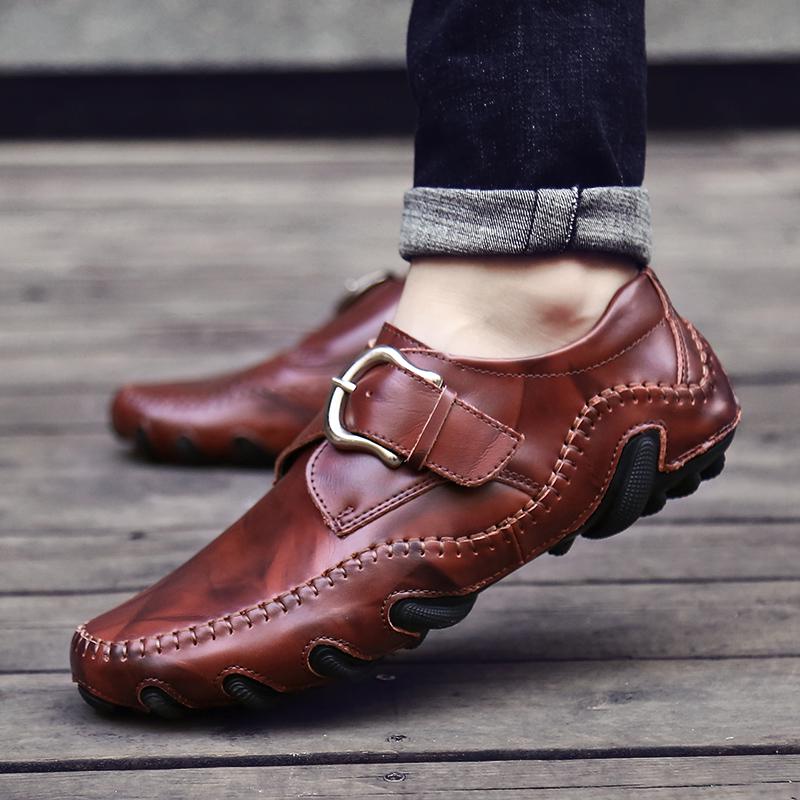 Fashion Fashion Metal Buckle Genuine Leather Loafers Men Brand Luxury Shoes Brown Moccasin Mens Flat Non-Slip Driving Shoes Slip-On Shoe