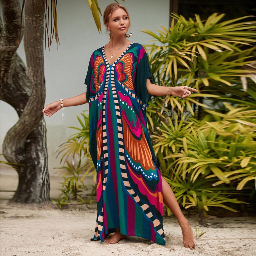 EDOLYNSA Multicolored Kaftan Bohemian Printed V-neck Batwing Sleeve Maxi Dress Women Beachwear Half Sleeve Maxi Dress Robe Q1342