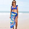 Women Two Piece Bikini Set with Ruched Top and High Waist Bottom with Sheer Floral Sarong Wrap Cover Up