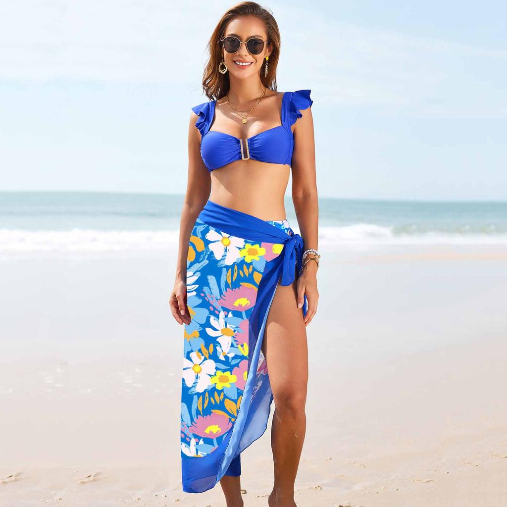 Women Two Piece Bikini Set with Ruched Top and High Waist Bottom with Sheer Floral Sarong Wrap Cover Up