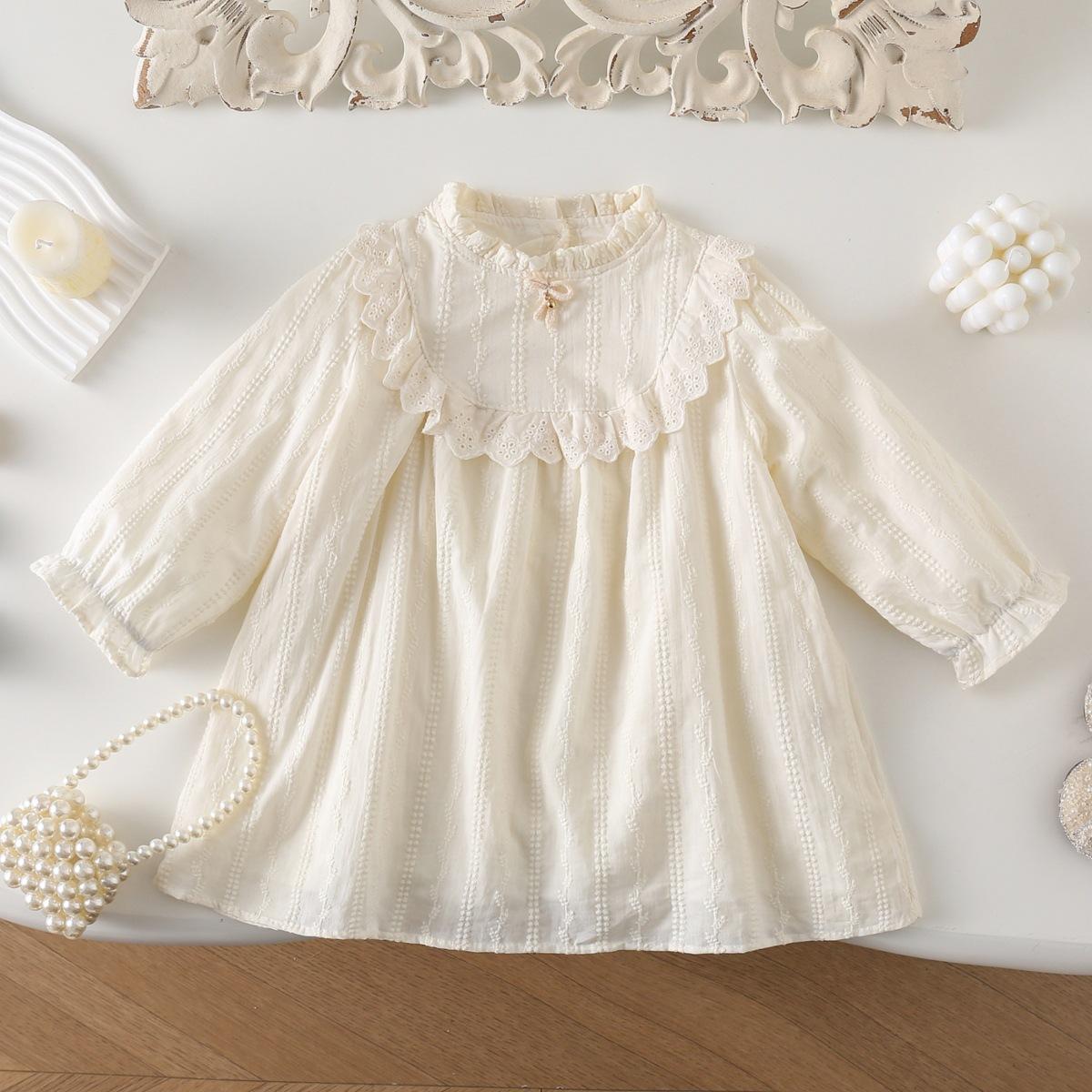 Spring Autumn Girls Mori Lace Embroidered Princess Dress Baby Long Sleeve Floral Hem Cotton Dress 90cm