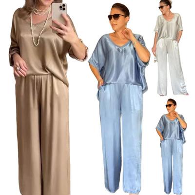 Set de 2 bucăți de pantaloni de vară pentru femei, cu decolteu în V, mâneci scurte, tricou lejer, cu talie elastică înaltă, pantaloni lați, haine sport
