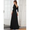 Abito da sera da donna in chiffon con scollo a V profondo, manica lunga, linea ad A, patchwork di paillettes