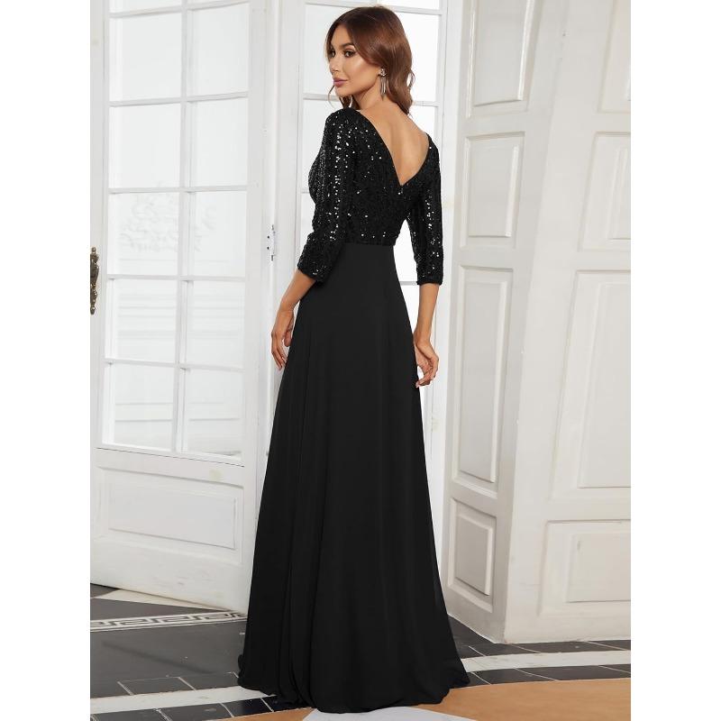 Abito da sera da donna in chiffon con scollo a V profondo, manica lunga, linea ad A, patchwork di paillettes