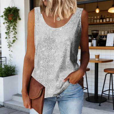 Women Tops Round Neck Sleeveless Shiny Sequins Vest Commuting Style Soft Stretchy Loose Fit Summer Blouse