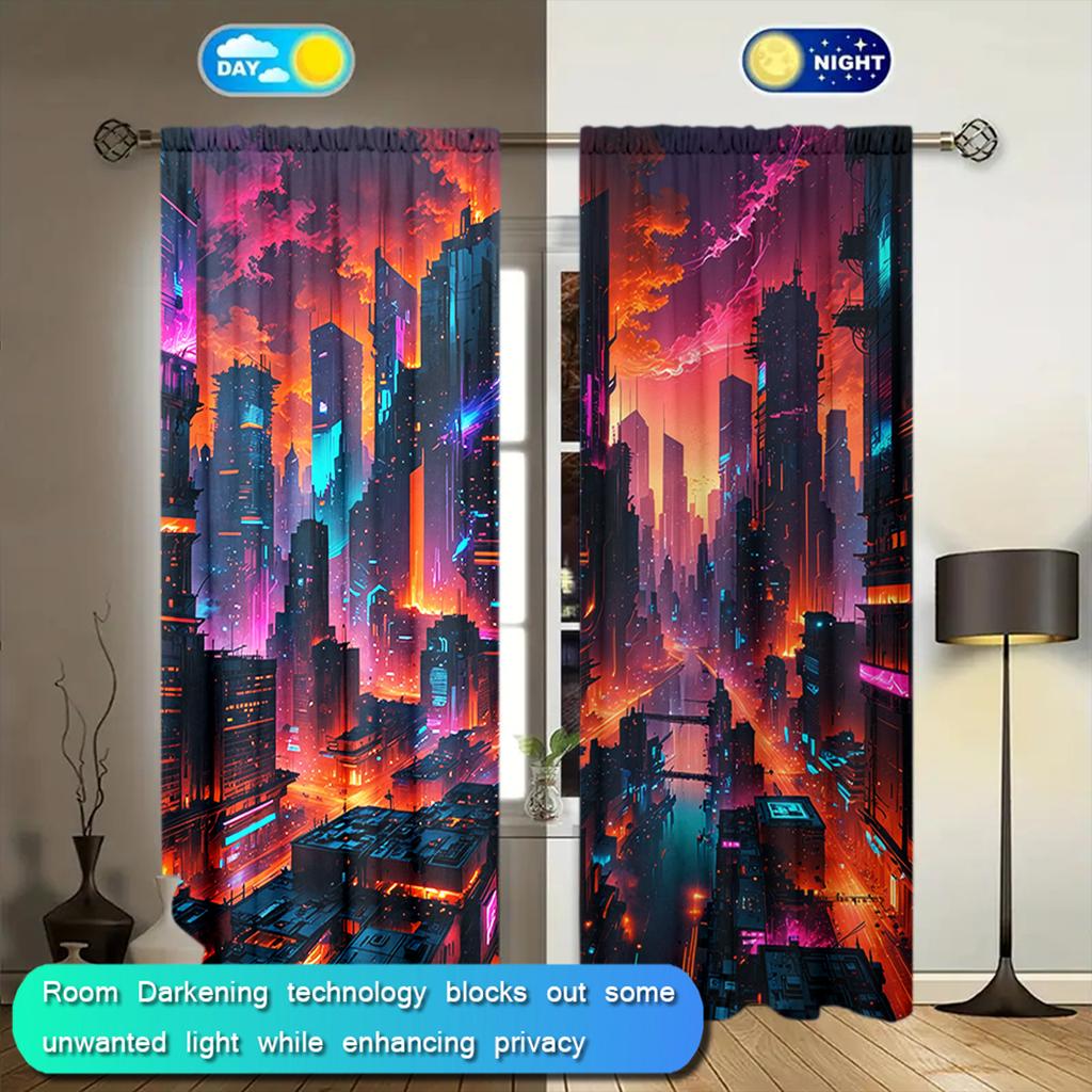 2pcs Future Technology Cyberpunk Printed Curtain for Home Decor - Rod Pocket Window Treatment for Bedroom, Office, Kitchen