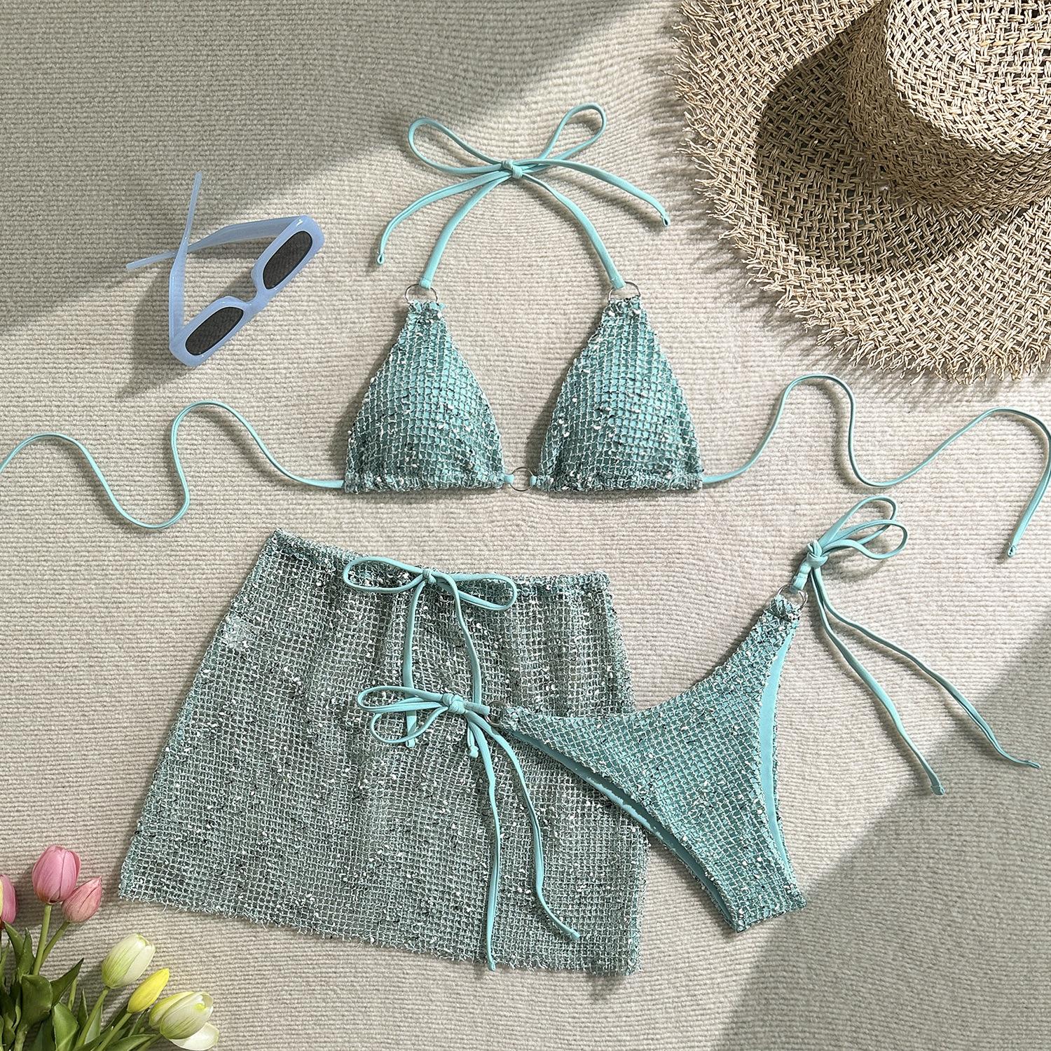 

2025 New Halter Strappy Hollow Out Skirt Bikini Female Swimsuit Women Swimwear 3 pieces Bikini set Bather Bathing Suit S L небо синє кольору