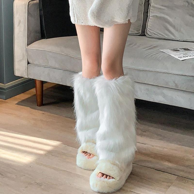 Fuzzy Faux Furs Leg Warmers Furs Heels Long Boots Cuffs Cover Has Elastic One Pair Carnivals Boot Cover Y2K JK Uniform
