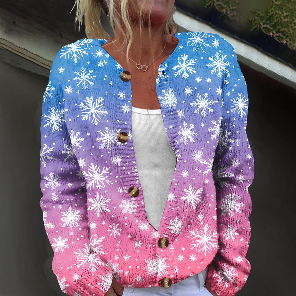 Damemote juletrykt langermet strikket cardigan-jakke med knapp