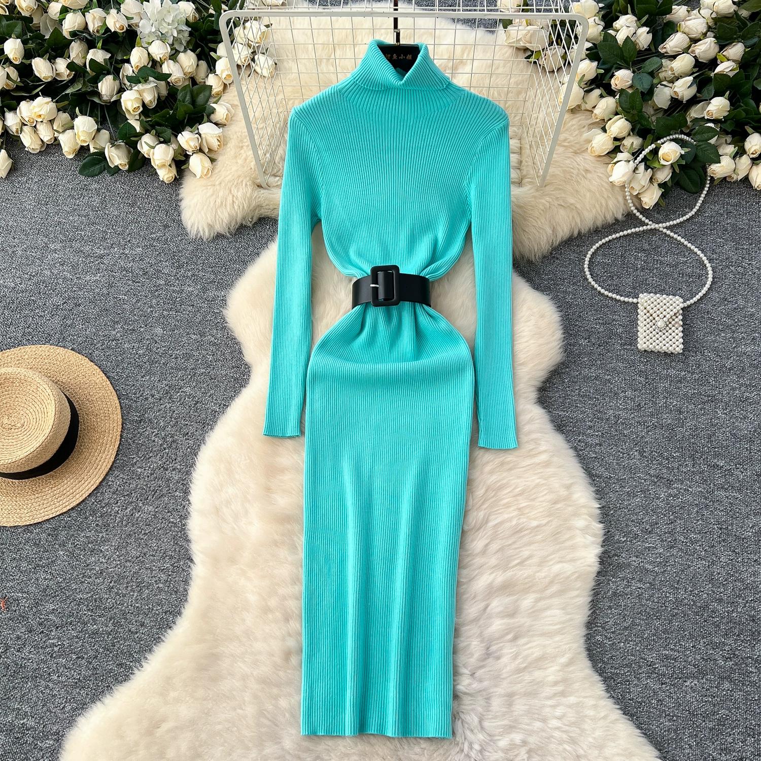 

Осень Зима Женский Элегантный Вязаный Свитер с Воротником Гольф Длинный Миди Облегающее Платье-Футляр для Офисной Работы с Поясом average size озеро синий