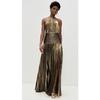 Stazione Indipendente Donna Vestito Pieghettato Colore Metallico con Spacco e Collo a Cravatta Senza Maniche Schiena Scoperta