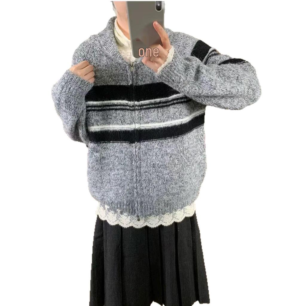 Retro Multi-Color Striped Knit Cardigan with Zipper and Half-High Collar
