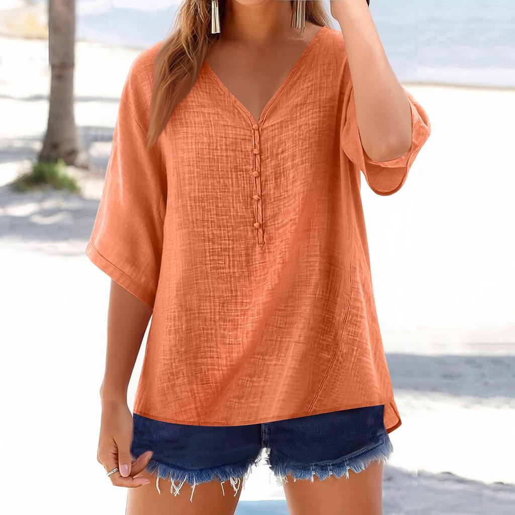 Women's Fashion Loose Casual Summer O-neck Mid Length Sleeve T-shirt