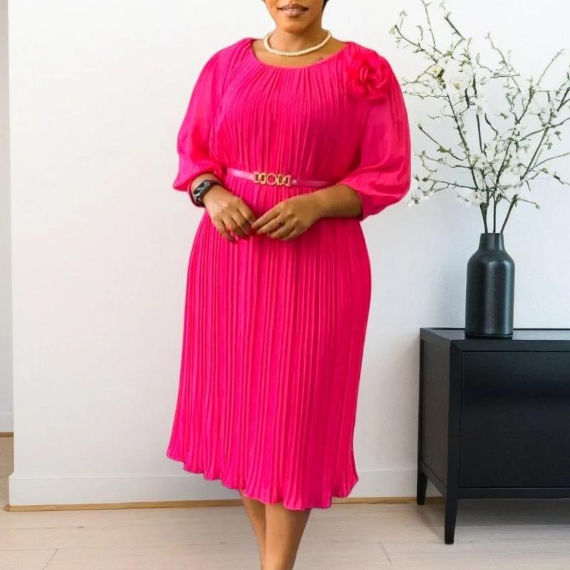 African Dresses Women Elegant Sleeve Polyester High Waist Pleated Midi Dress Dashiki Africa Clothing