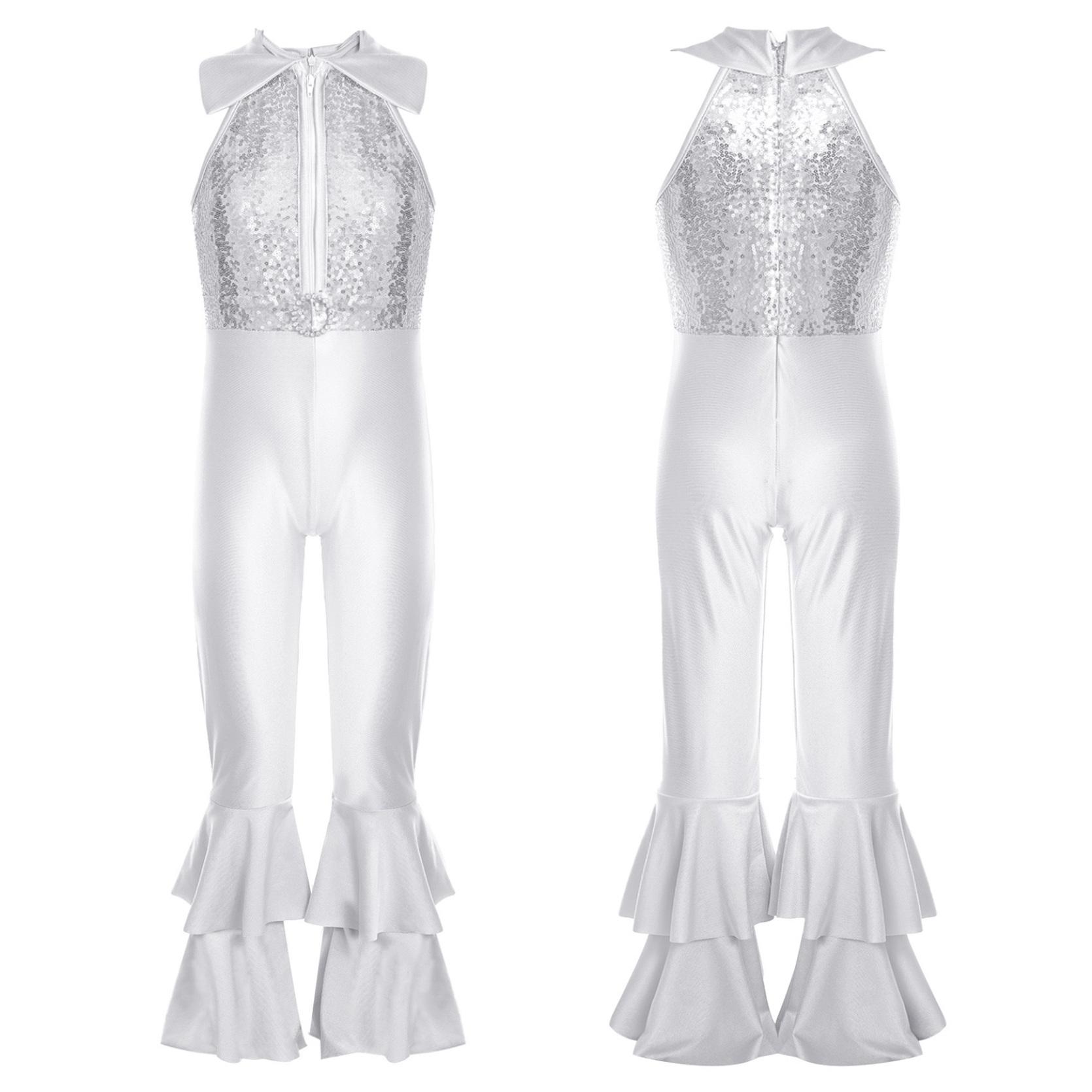 

Детский комбинезон для девочек, боди без рукавов, многоуровневые брюки-клеш, стильный танцевальный гимнастический трико, комбинезон 5-6 Years серебряный